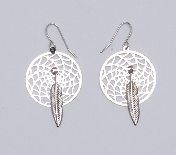 All Silver Dream Catcher Earrings with One Feather