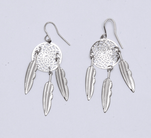 Small All Silver Dream Catcher with 3 Feather Earrings