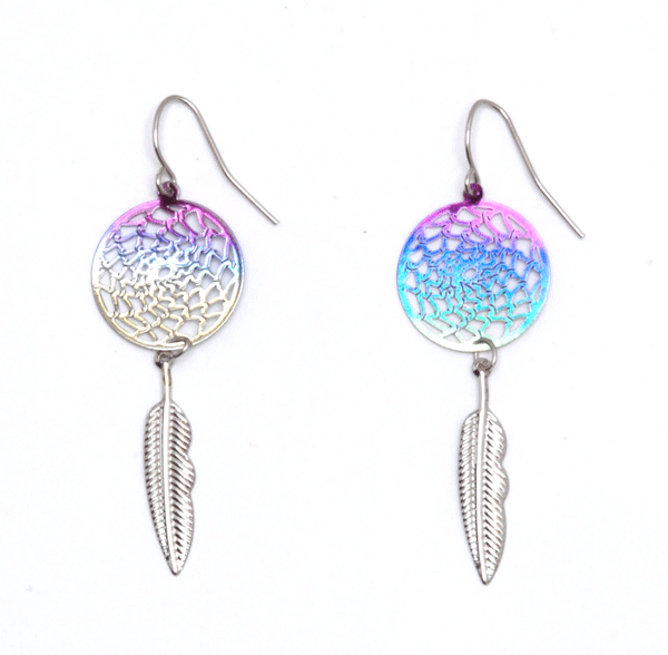 Small Rainbow Dream Catcher Earrings with One Feather