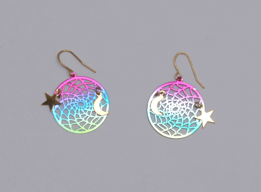 Rainbow Dream Catcher with Moon and Star Earrings