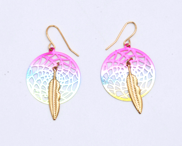 Rainbow Dream Catcher Earrings with One Gold Feather