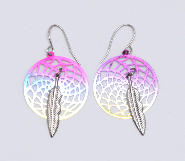 Rainbow Dream Catcher Earrings with One Feather