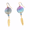 Small Rainbow Dream Catcher Earrings with One Feather