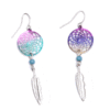 Small Rainbow Dream Catcher Earrings with One Feather