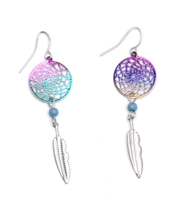 Small Rainbow Dream Catcher Earrings with One Feather