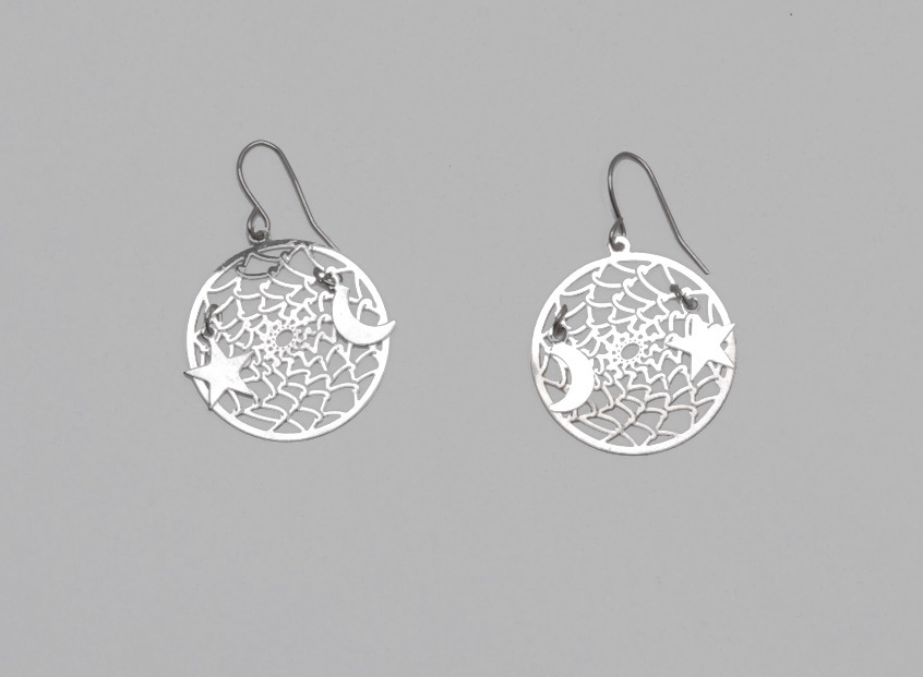 All Silver Dream Catcher with Moon and Star Earrings