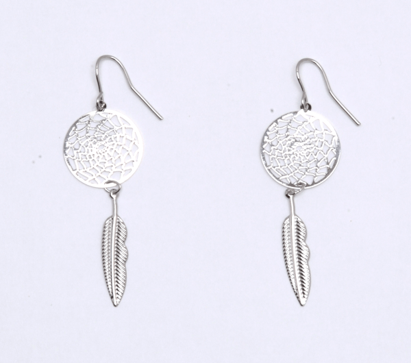 Small All Silver Dream Catcher Earrings with One Feather