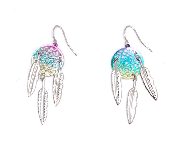 Rainbow with 3 Feathers Dream Catcher Earrings