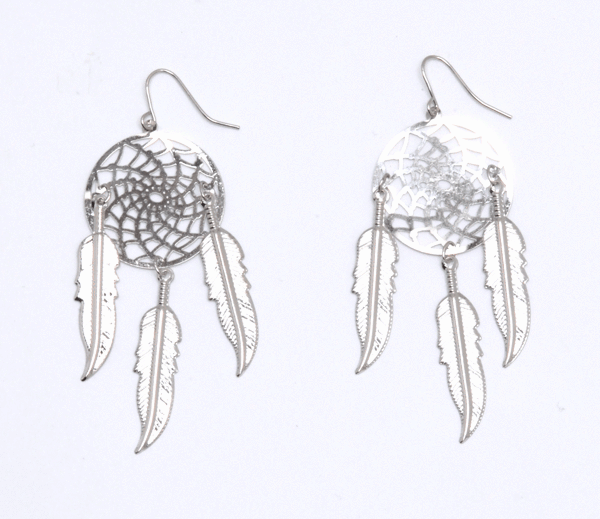 All Silver with 3 Feathers Dream Catcher Earrings